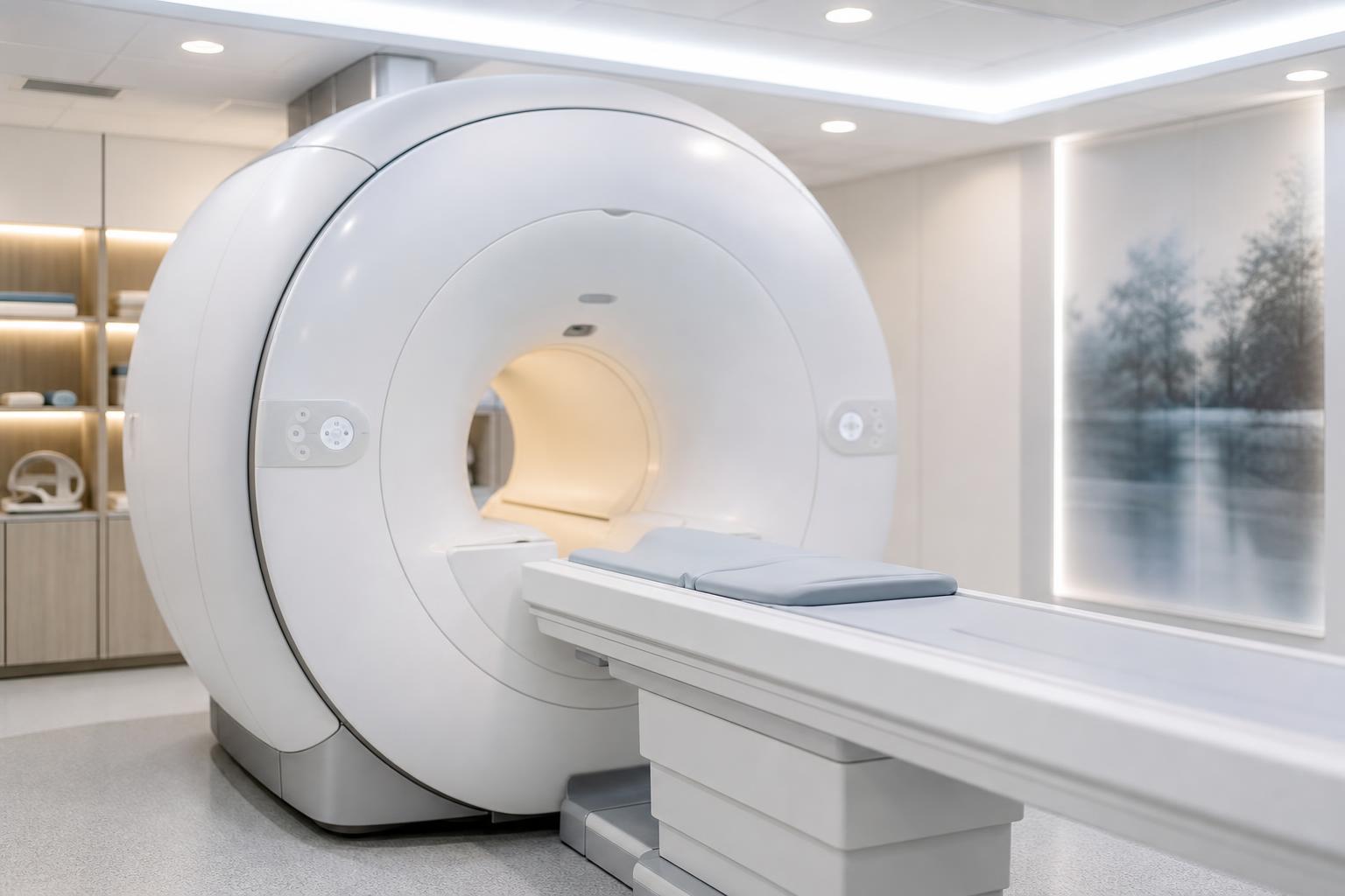 A modern MRI scanner in a clean clinical imaging suite, used to produce detailed lumbar spine images.