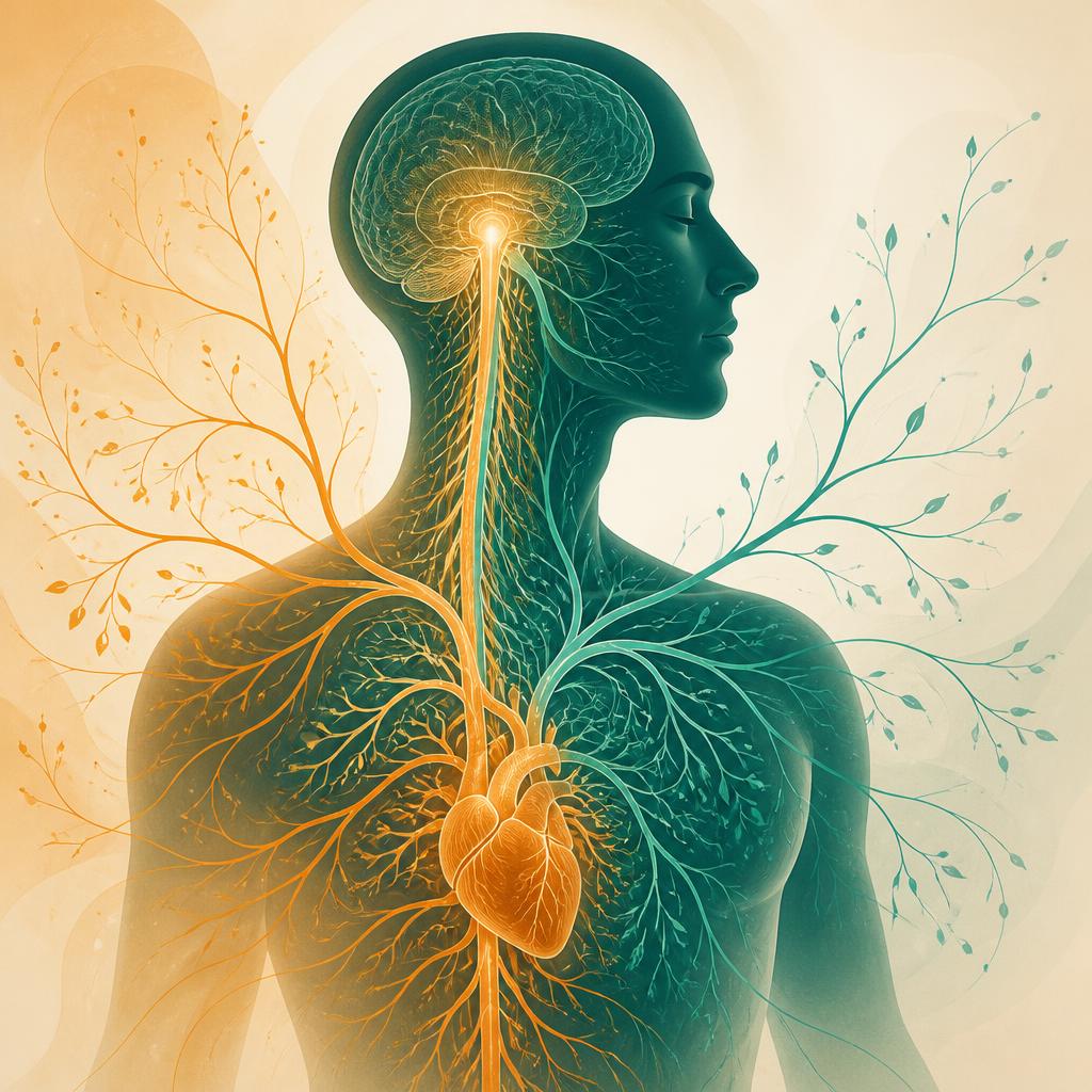 Illustration of the autonomic nervous system connecting the brain to the heart and blood vessels
