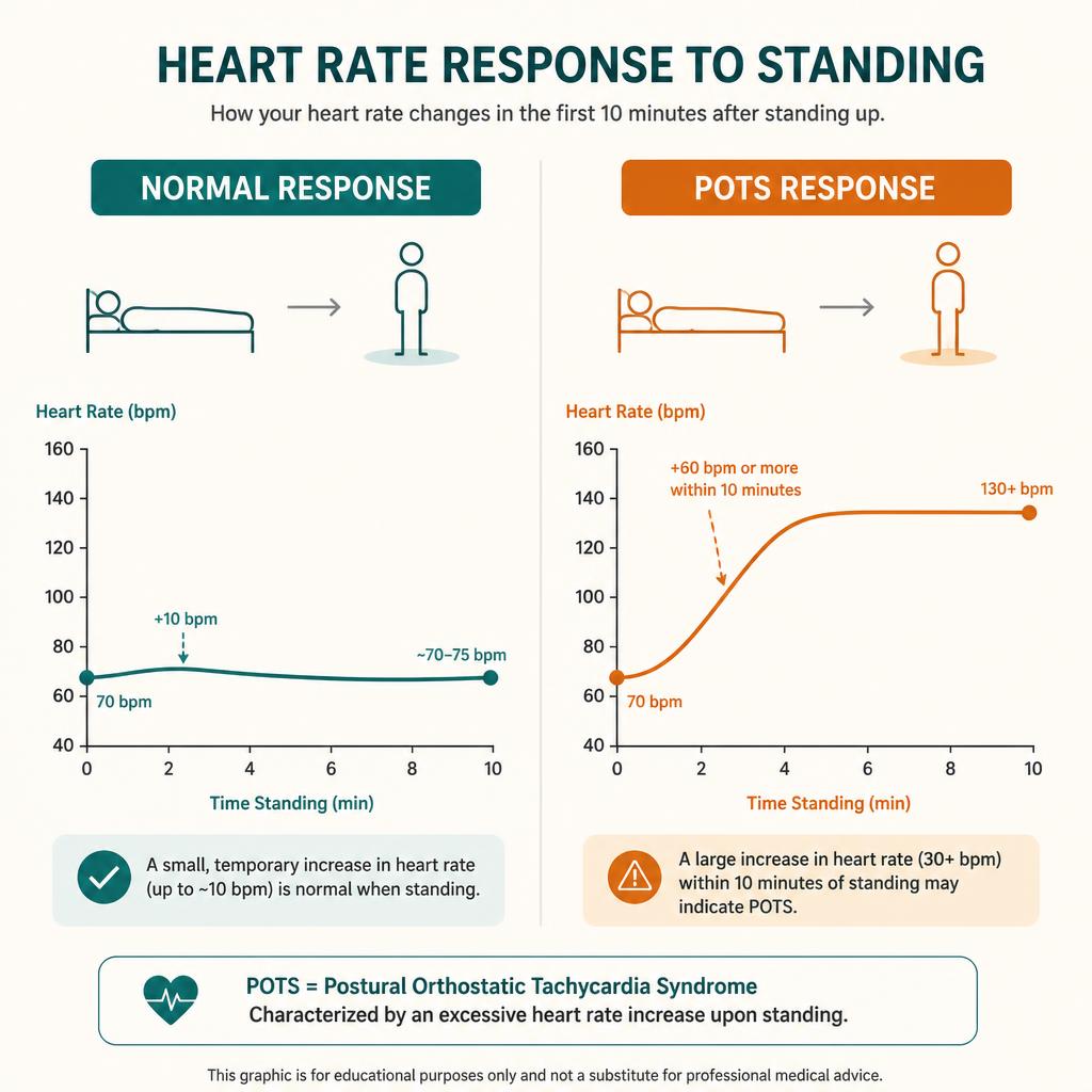 Comparison of a normal heart rate response to standing versus the excessive heart rate spike seen in POTS
