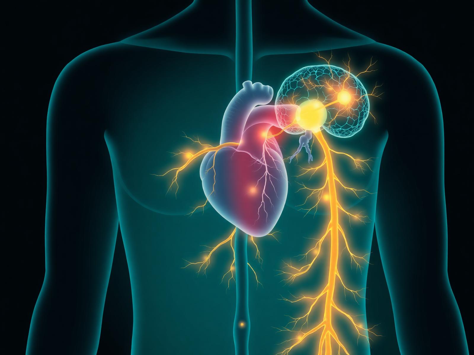 Illustration of the autonomic nervous system showing heart, brain and vagus nerve pathways involved in POTS