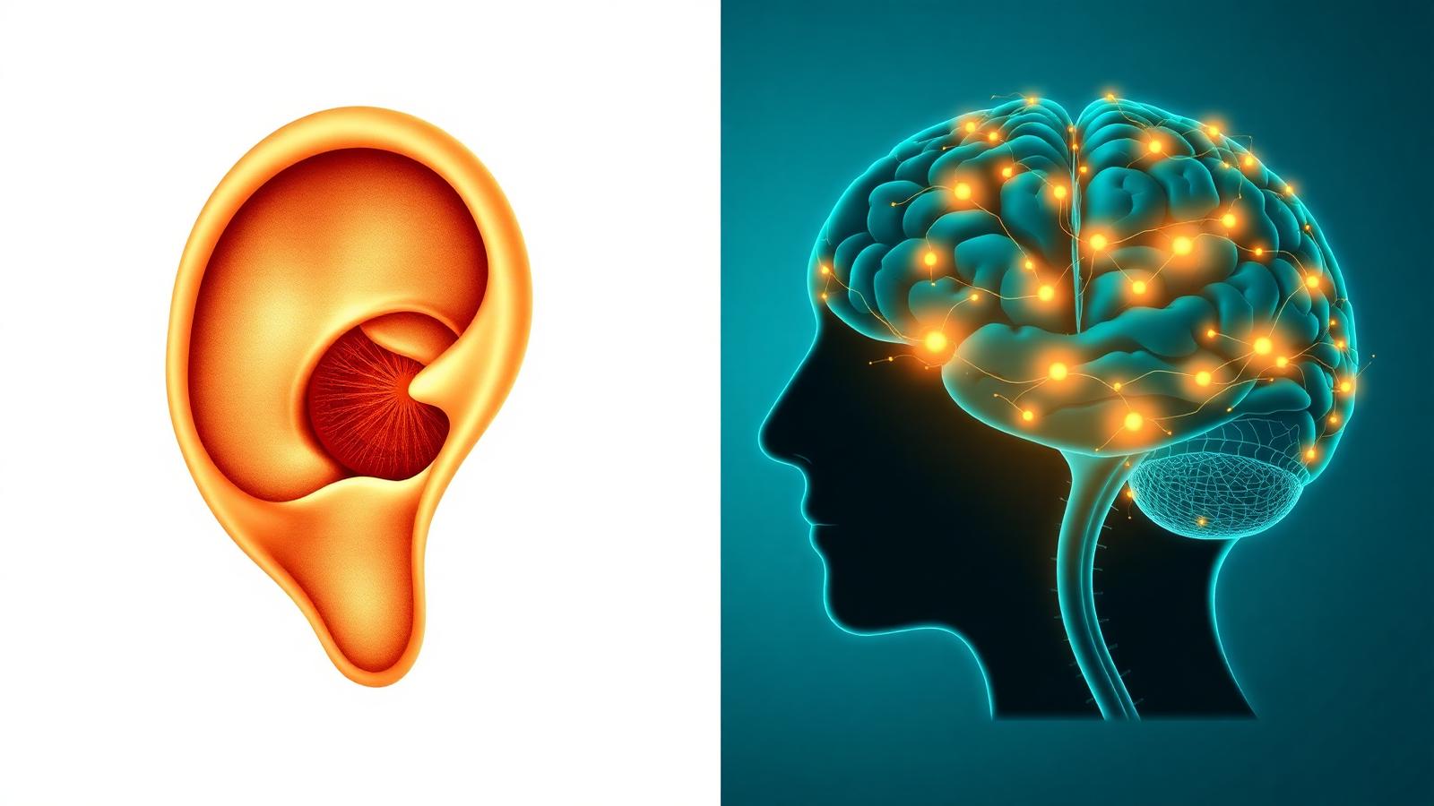 Illustration comparing peripheral inner ear vestibular anatomy with the brain's central vestibular processing pathways