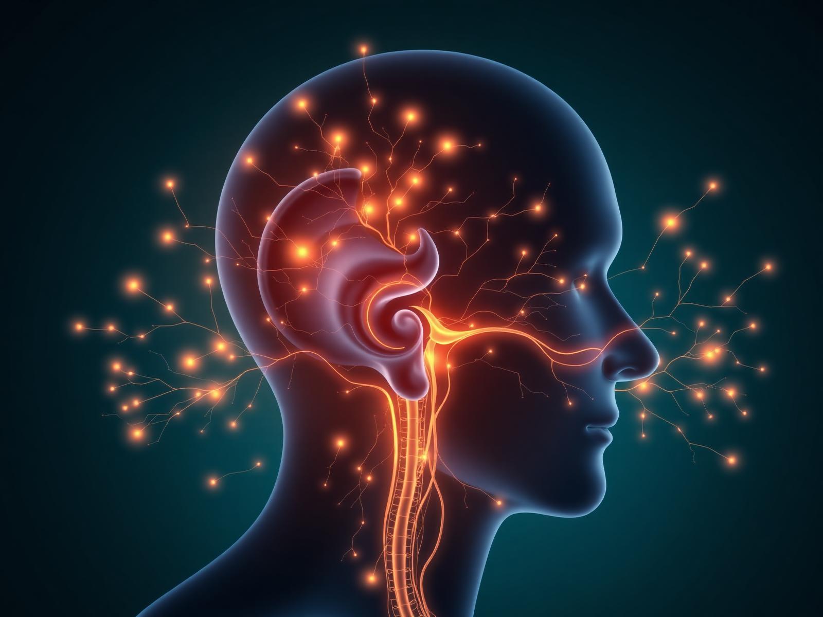 Illustration of the human vestibular system showing inner ear, brainstem, and neural balance pathways