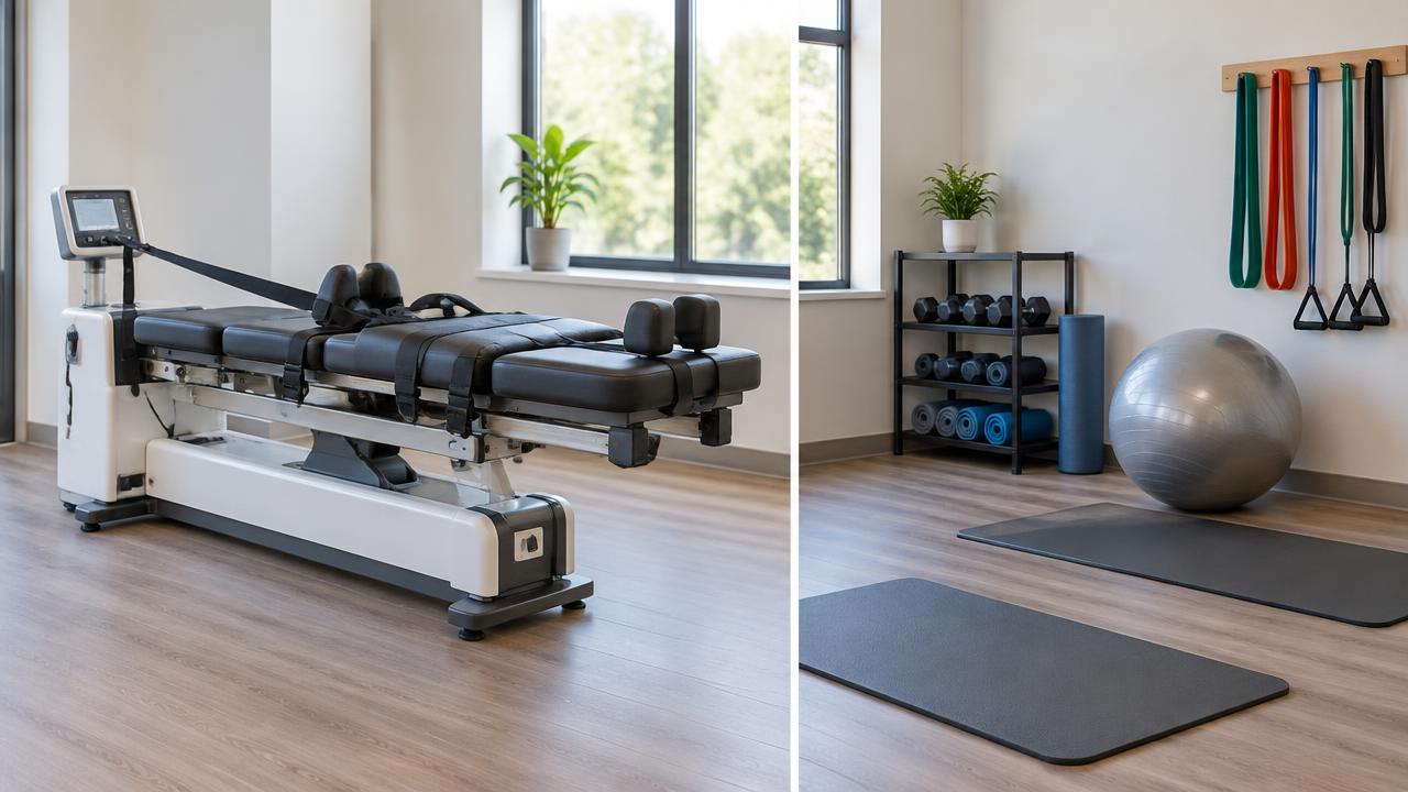 Spinal decompression table beside physical therapy mats, bands and a stability ball in a clinic