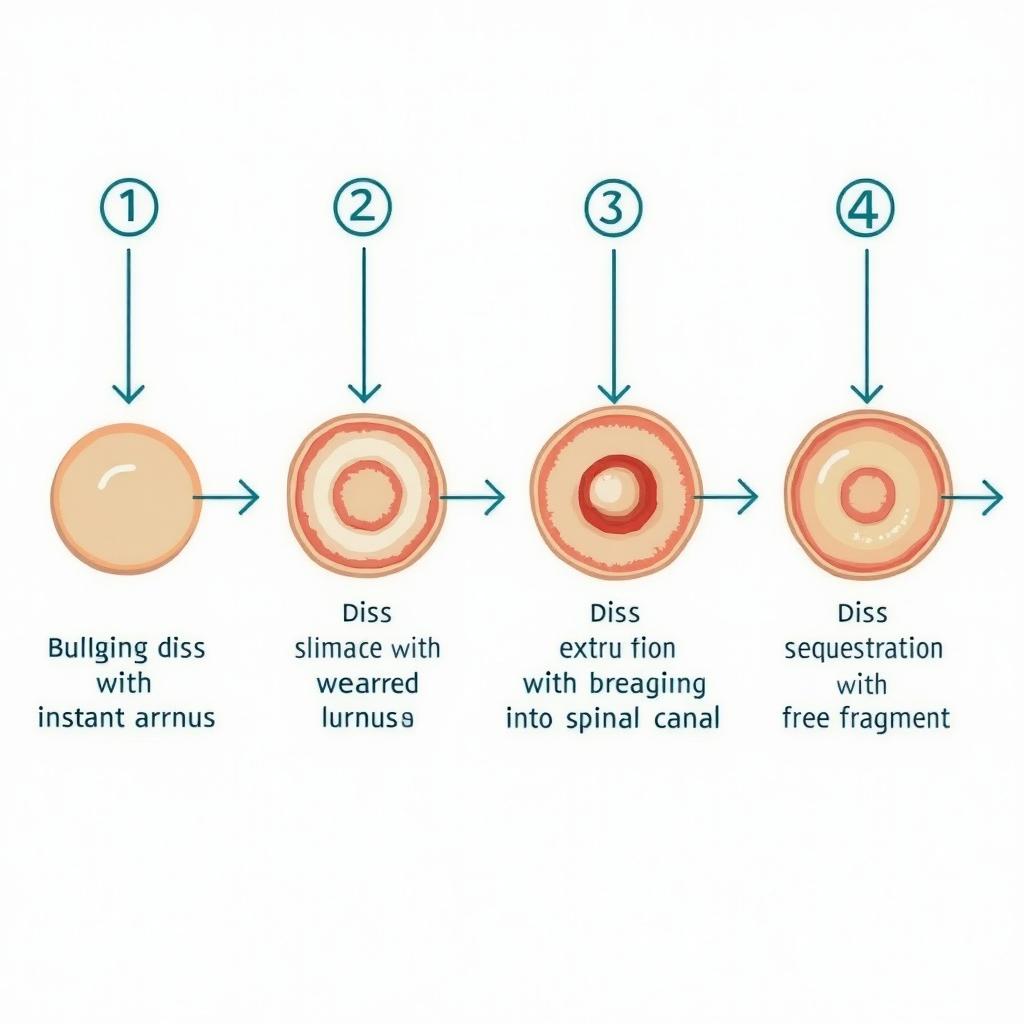 Diagram showing the four stages of disc herniation including bulging disc, disc protrusion, disc extrusion, and disc sequestration