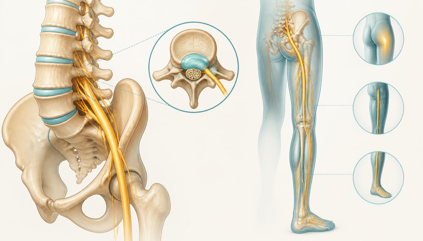 Illustration of the lumbar spine and sciatic nerve pathway down the leg
