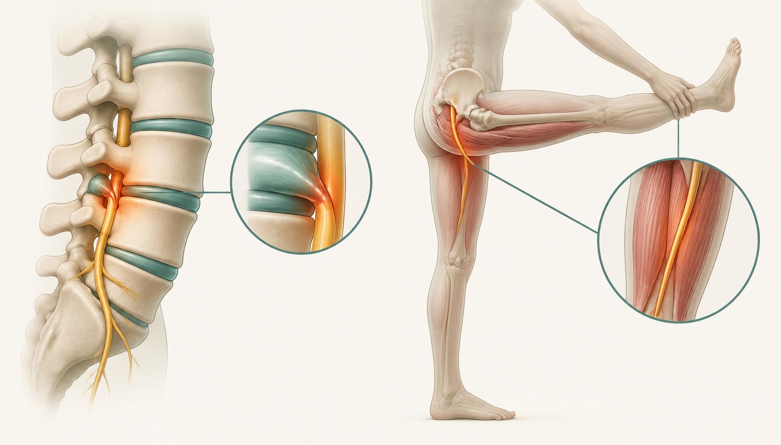 Illustration comparing a lumbar disc compressing a nerve root with a sciatic nerve under stretch tension