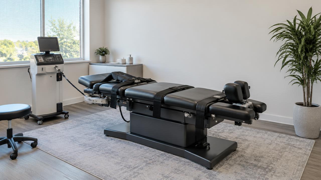 Non-surgical spinal decompression table in a clean San Diego clinic treatment room